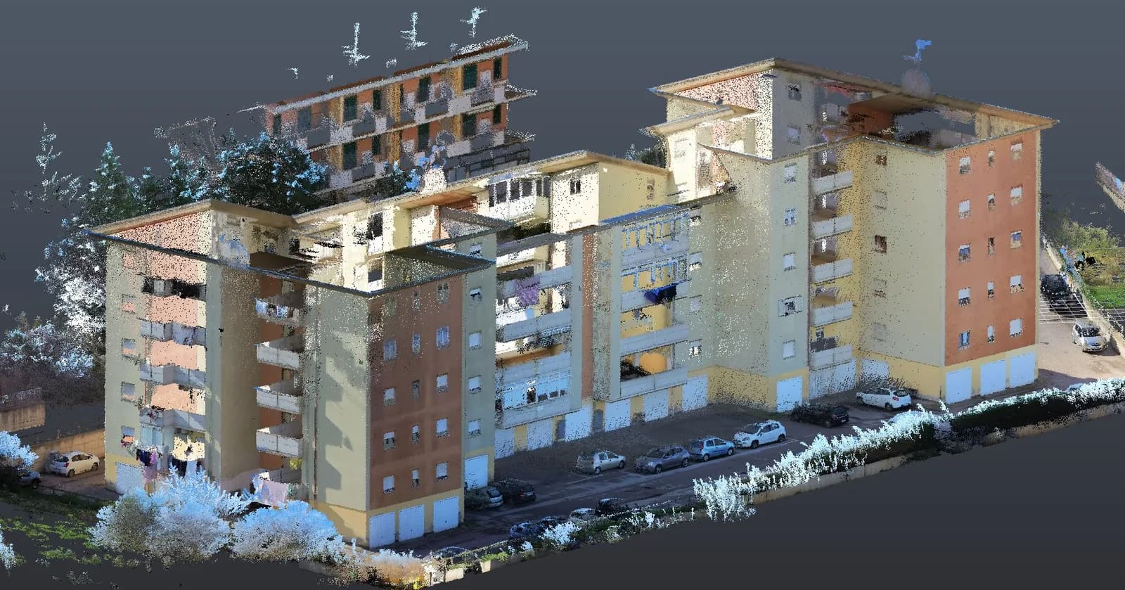 Nuvola di punti 3D di un comparto di case popolari rilevato con drone